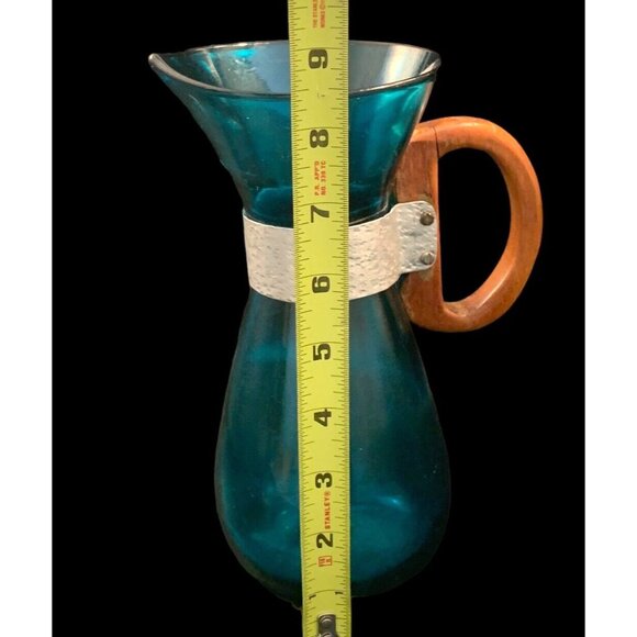 Vintage Blown Glass Turquoise Teal Water Wine Beverage Carafe Wood Metal Handle - Picture 10 of 11